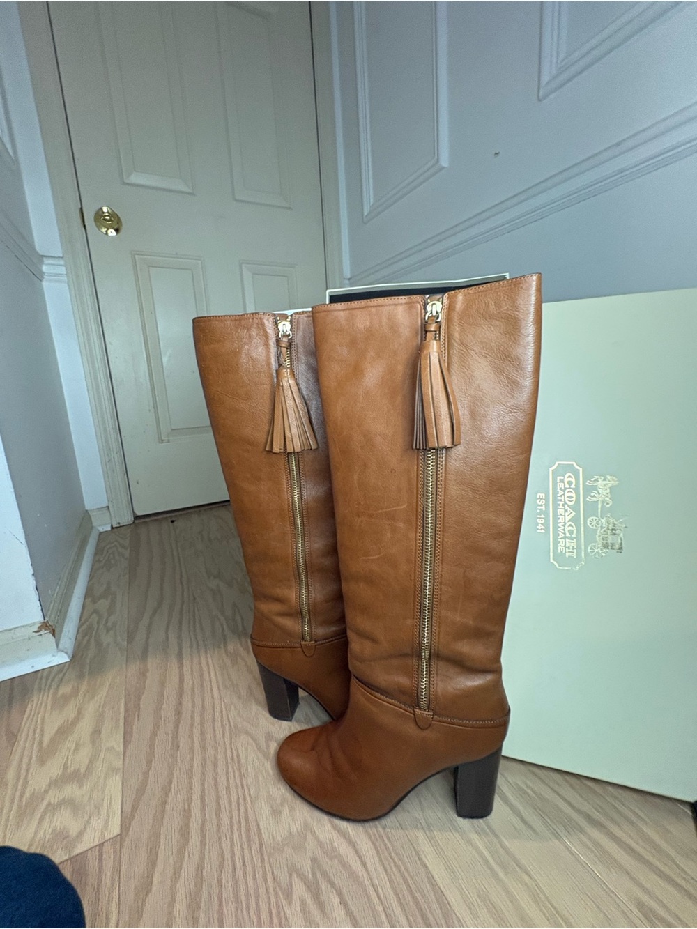 Coach Cognac Leather Knee-High Tassel Zip Boots - Picture 2 of 10